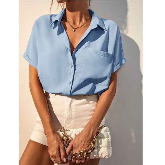 Baby Blue Casual Button Up / Down Shirt Collar, V-Neck Button Front Short Sleeve - Picture 6 of 9